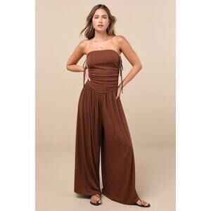 Lulus Halloran Chocolate Brown Pointelle Strapless Wide-leg Jumpsuit - Size S